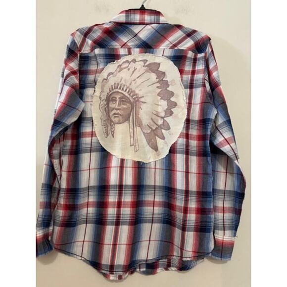 Burnside Button Down Shirt Plaid Native American Patch Mens Medium Unique - Picture 2 of 8
